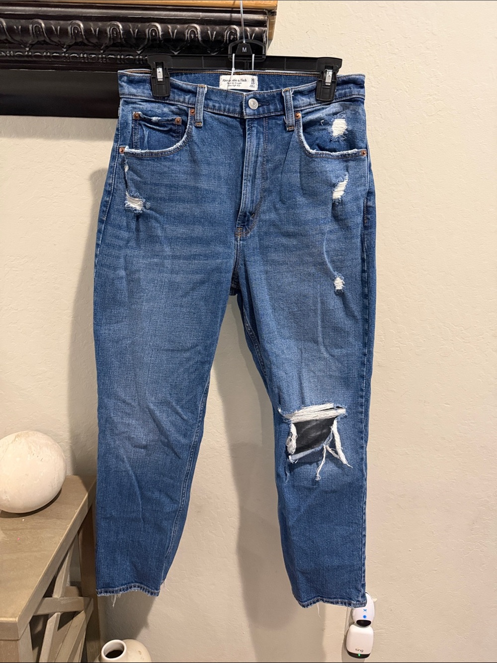 Abercrombie Ankle Straight Ultra High Rise Distressed Blue Jeans